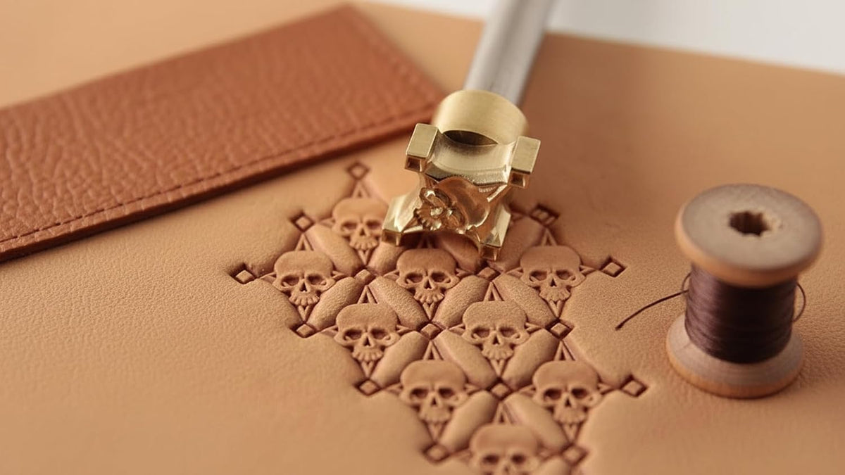 DandS Ltd Skull Leather Stamp Tool shown with steel handle and grip