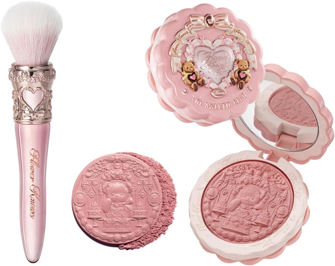Flower Knows The Sweetie Bear Silk Satin Blush & Brush Set,Talc-Free Rose Pink Powder Blush,Highly Pigmented,Buildable&Blendable,Radiant Cheek Color for a Lively Glow,Gift-Worthy(03 Rose Chanson) - Image 1