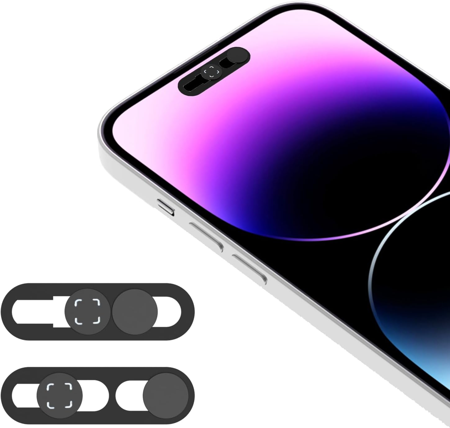 EYSOFT front camera cover for iPhone showing the black dual sliding privacy protector mounted on a smartphone display.