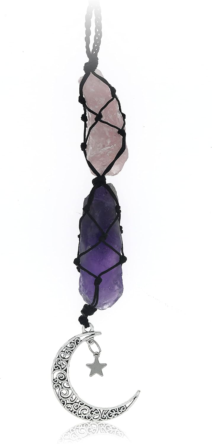 BOHO GARDEN Crystal Hanging Car Charm - Purple Rear View Mirror Hanging Car Accessories for Women, Moon Decor Hanging Ornament, Witchy Gifts and Healing Stones - Rose Quartz & Amethyst - Image 1