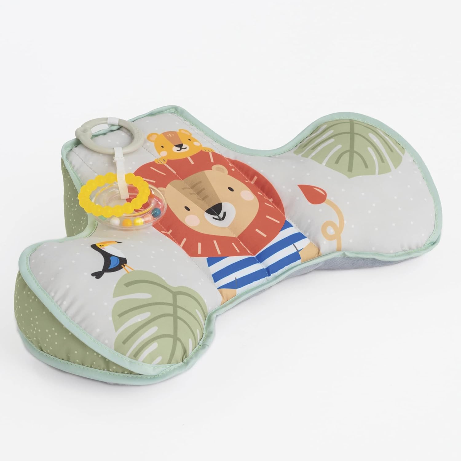 Taf Toys Savannah tummy time support pillow front view with lion illustration and attached toys