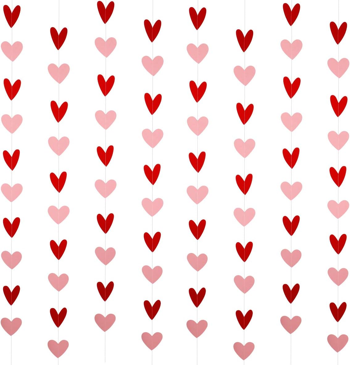 LeeSky Valentines Day Heart Garland front view of pre assembled red and pink hanging strings