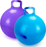Willingfun Hopper Ball 2 Pack front view showing inflated blue and purple bouncing balls with handles.