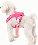 Side view of pink dog harness with storage pocket and leash attachment