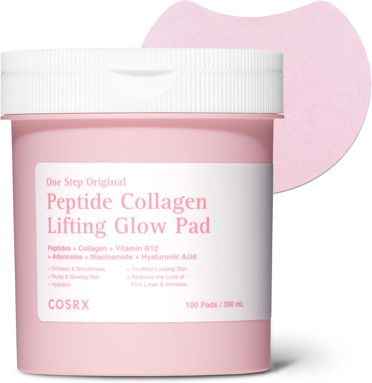 COSRX One Step Original Peptide Collagen Lifting Glow Pad front view jar containing 100 skin firming pink toner pads