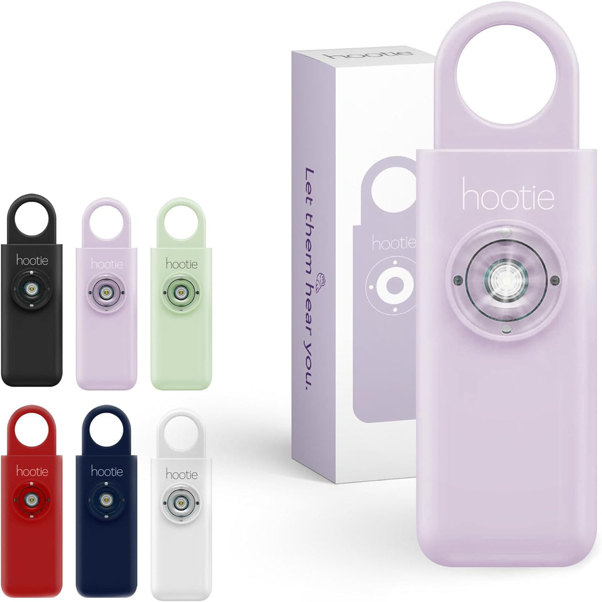 Hootie personal safety alarm lavender color front view keychain
