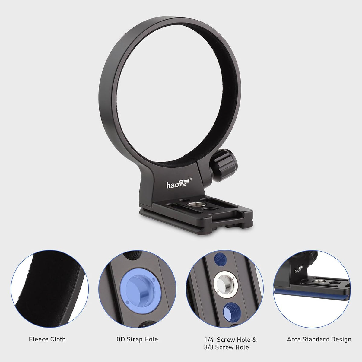 Haoge tripod mount ring showing bottom 1/4 and 3/8 inch screw holes
