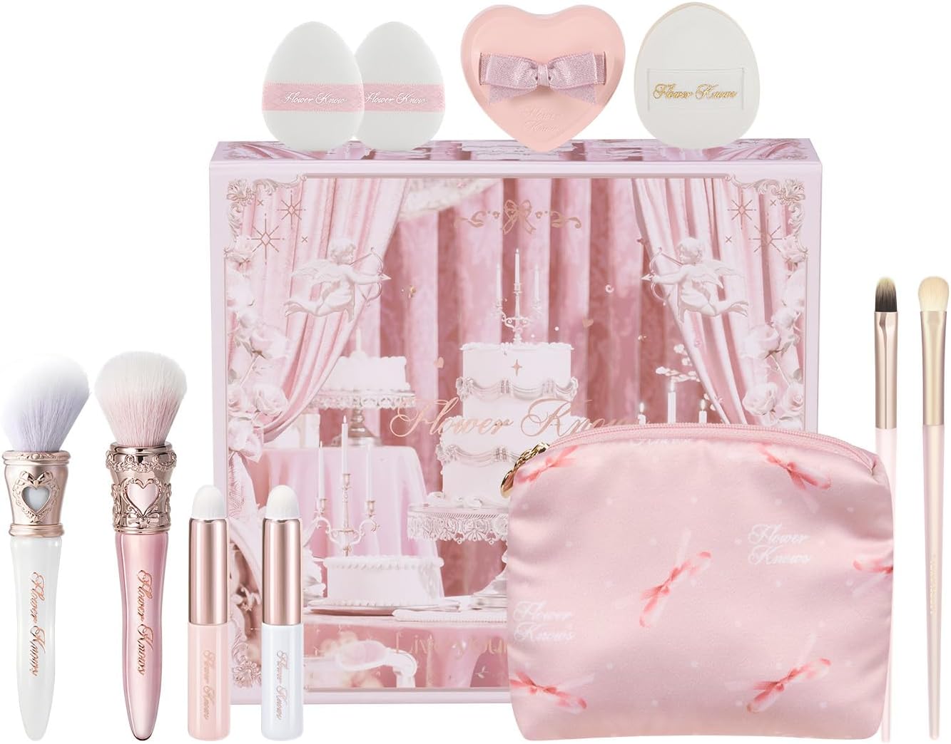 Flower Knows Makeup Brush Set 12 Pcs,Travel-Friendly with Non-Shedding Bristles,Include Blush,Lip,Eyeshadow,Concealer Brush,Foundation Powder Puff,with Storage Bag,Gift Box - Image 1