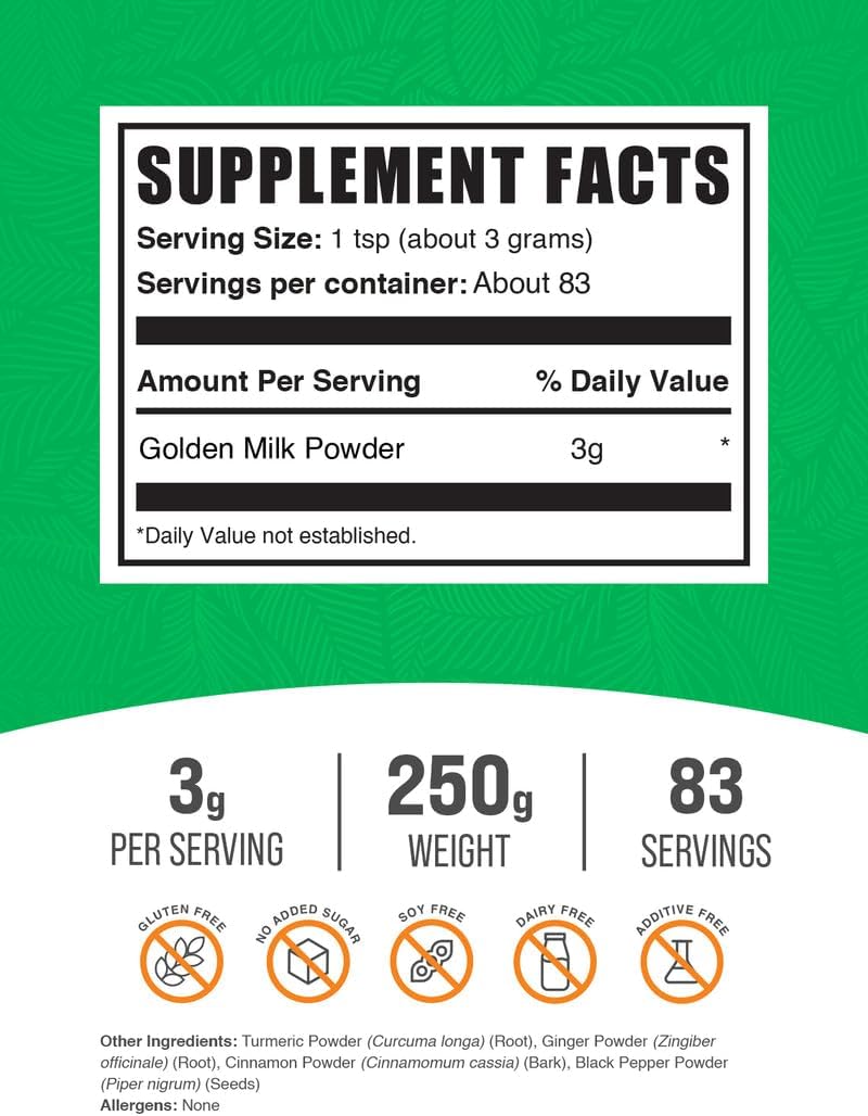 BulkSupplements turmeric and ginger golden milk powder supplement facts and ingredient list