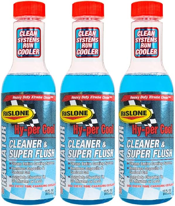 Rislone Hy-per Cool Radiator Cleaner and Super Flush front view of three pack automotive cooling system treatment bottles.