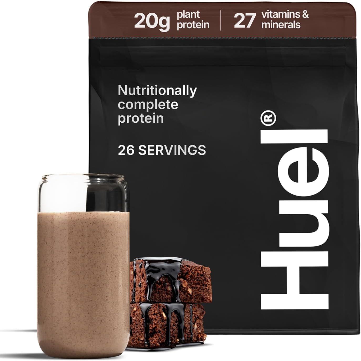 Huel Chocolate Fudge Brownie Vegan Protein Powder 753g front view plant based nutrition