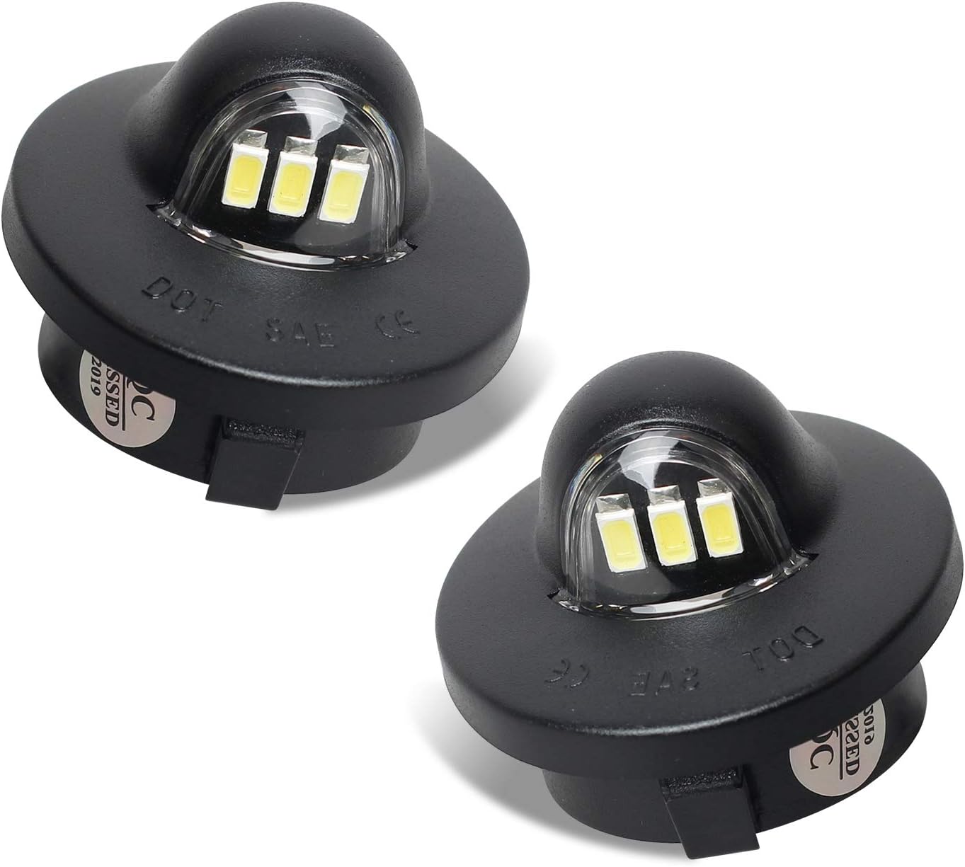 RUXIFEY LED License Plate Lights front view showing clear lens and black housing for American trucks.