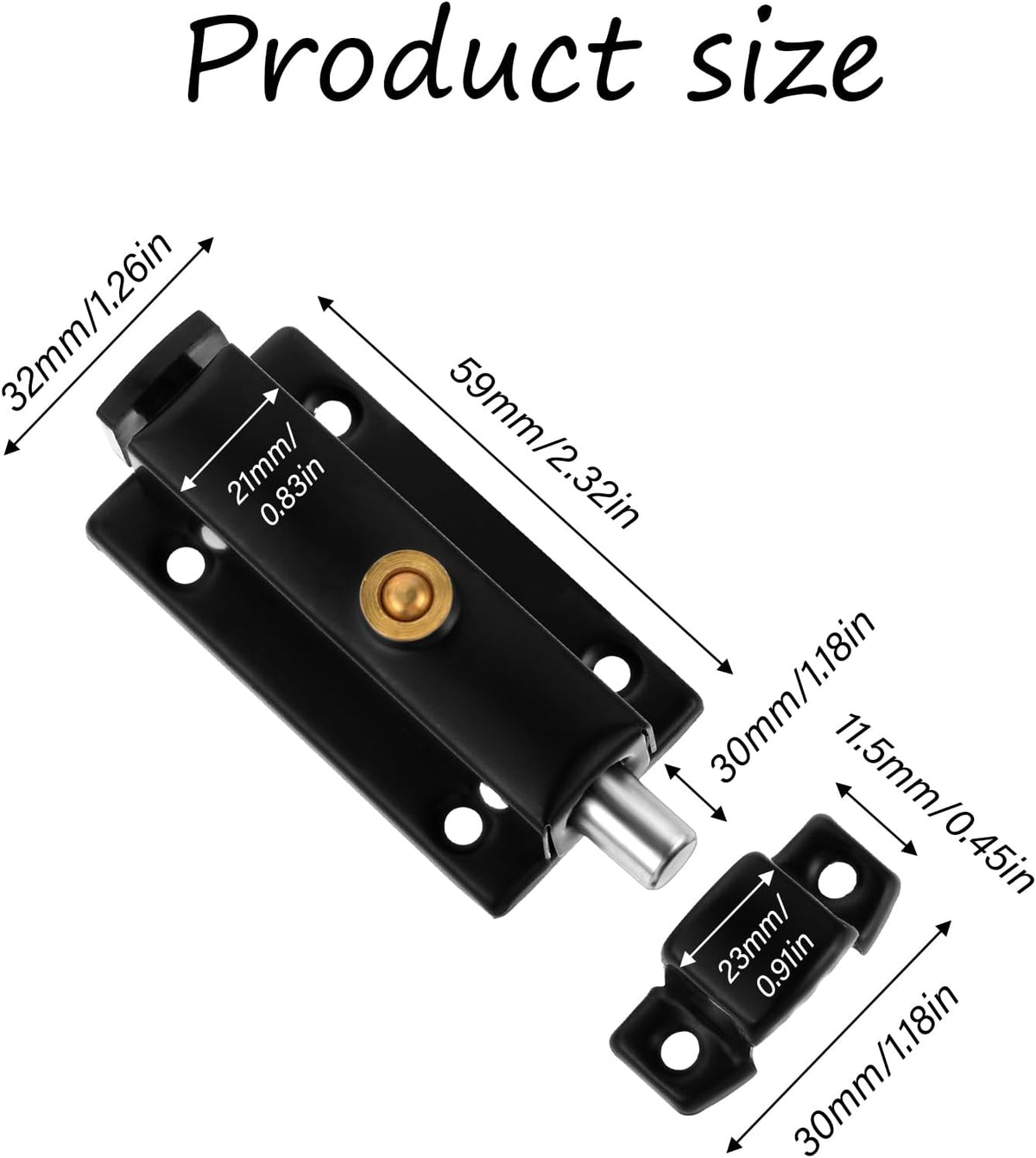 Black stainless steel security door bolt close up