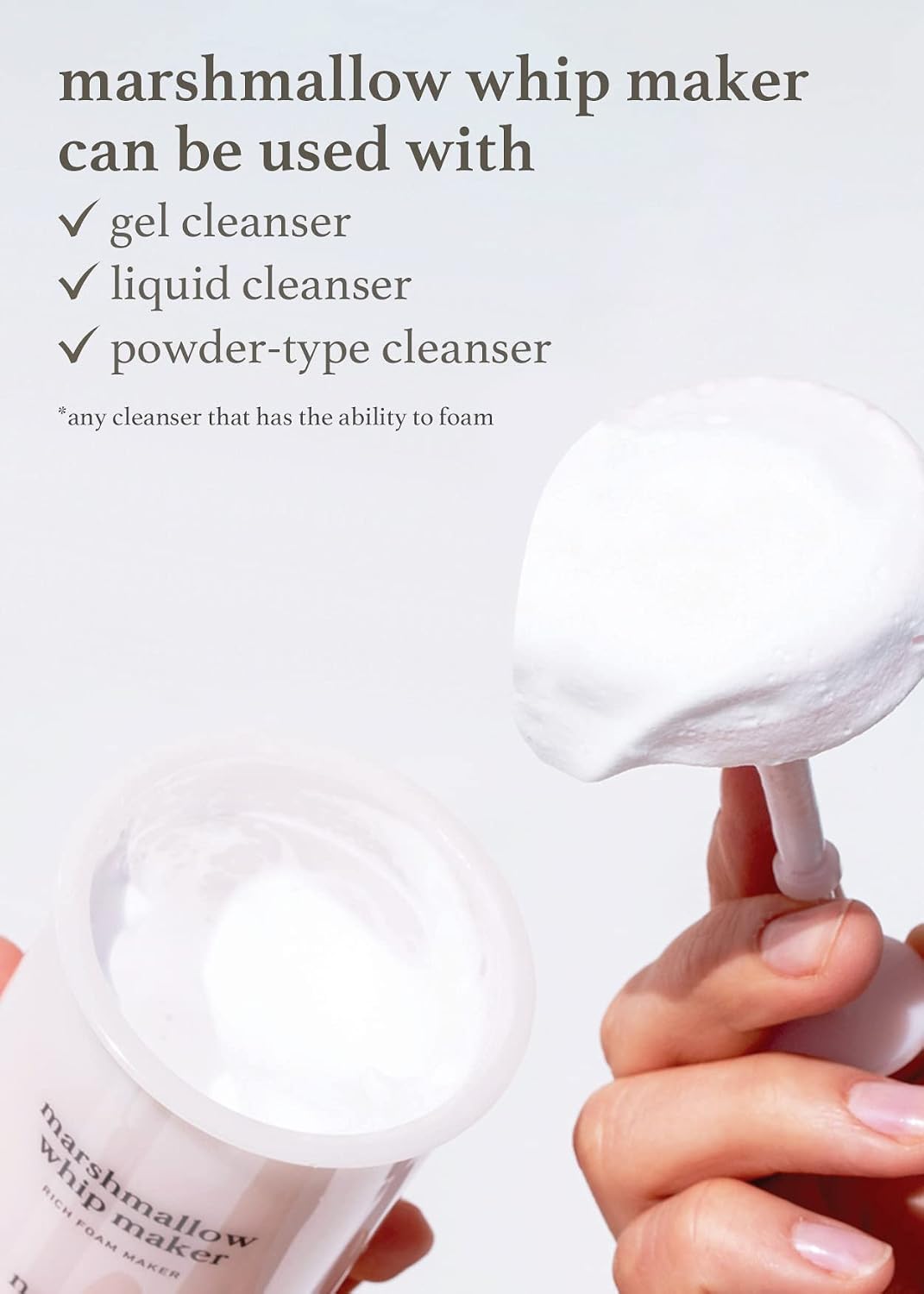 Nooni Marshmallow Whip Maker and Snowflake Whipping Cleanser set for luxurious foam cleansing.