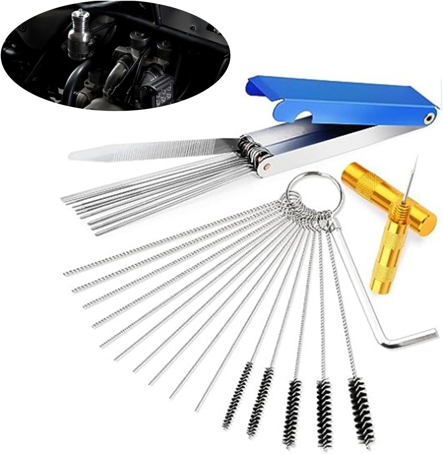 Jitrendo carburetor cleaning kit front view showing the complete assortment of maintenance wires and brushes