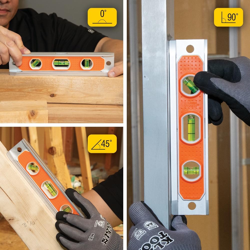 Klein Tools aluminum level tapered nose detail for tight corners.