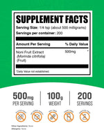 BulkSupplements Noni fruit supplement nutritional facts and pure ingredients panel.