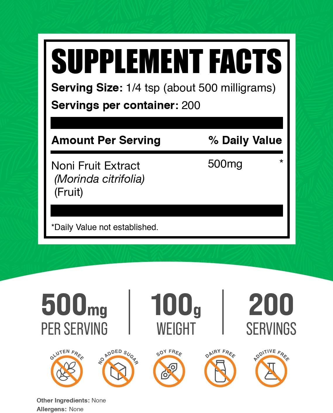 BulkSupplements Noni fruit supplement nutritional facts and pure ingredients panel.