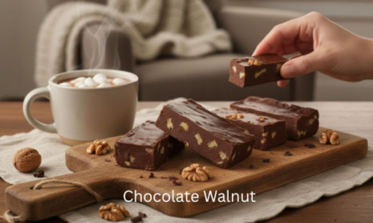 Overhead presentation of a twenty four ounce gourmet homemade candy gift assortment.