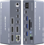 ANGEET USB C KVM Switch triple monitor docking station front view showing aluminum housing and selector button.