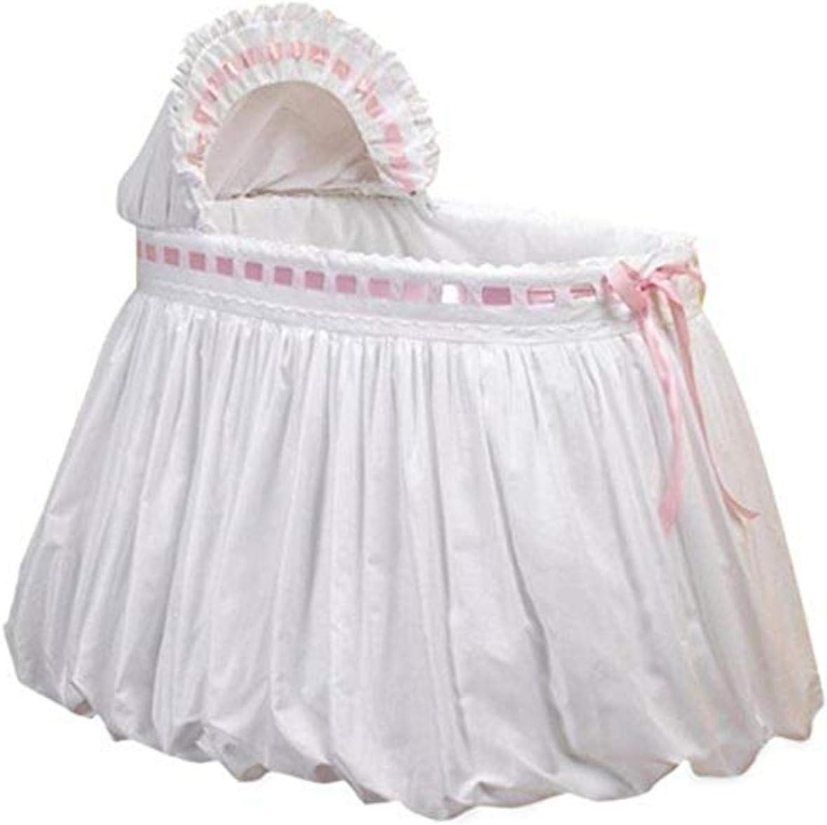 Baby Doll Bedding Pretty Ribbon Bassinet Bedding Set Pink front view featuring white bubble skirt and pink satin ribbons.