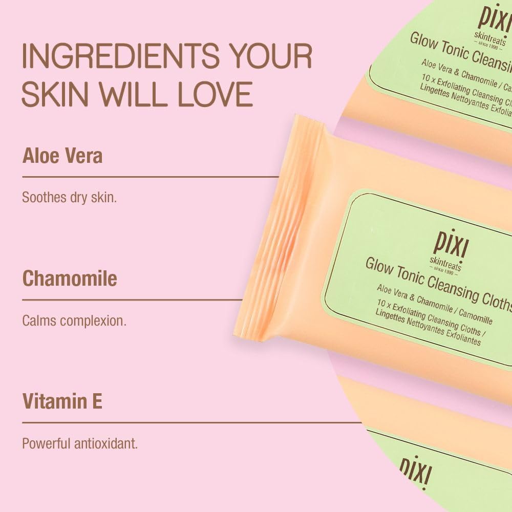 Pixi Skintreats Glow Tonic face wipes showing glycolic acid and aloe vera ingredients