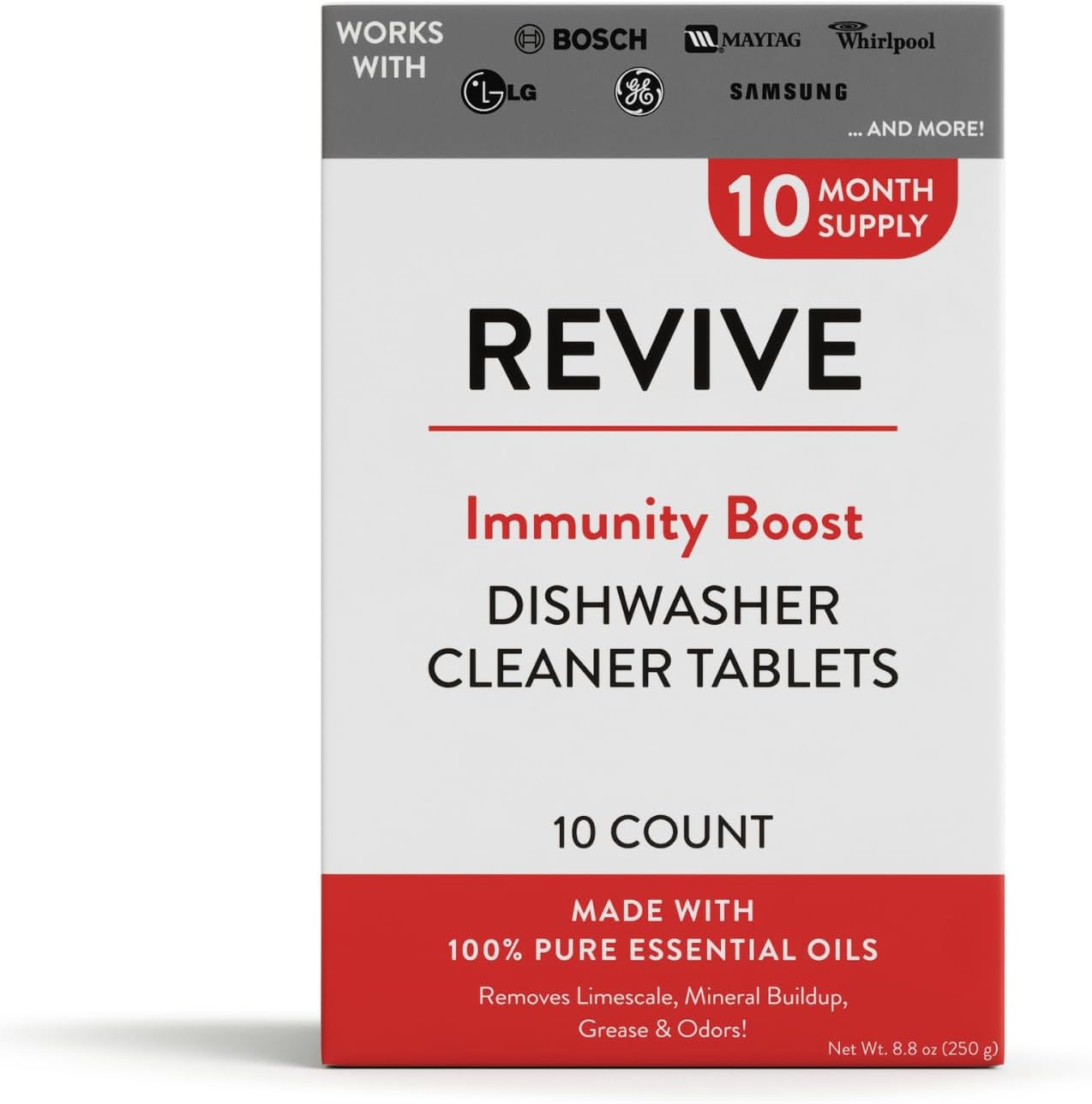 REVIVEEO Immunity Boost Dishwasher Cleaner Tablets ten count front packaging view highlighting natural essential oil ingredients.