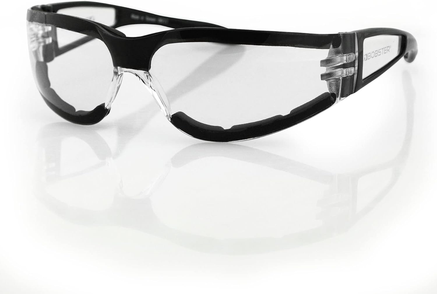 Bobster Shield III motorcycle sunglasses front view showcasing the sleek frameless design and smoked lenses.