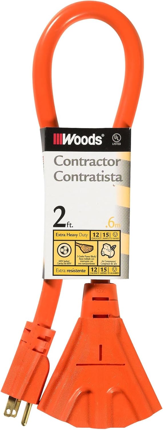 Woods 990824 12/3 Outdoor Multi-Outlet Extension Cord, Orange, 2-Foot - Image 1