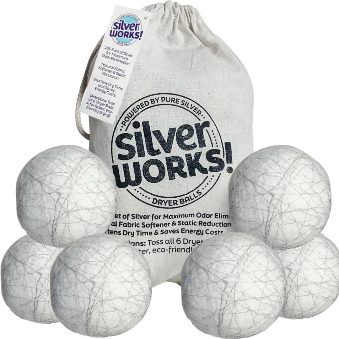 SilverWorks! Wool Dryer Balls laundry pack front view on white background