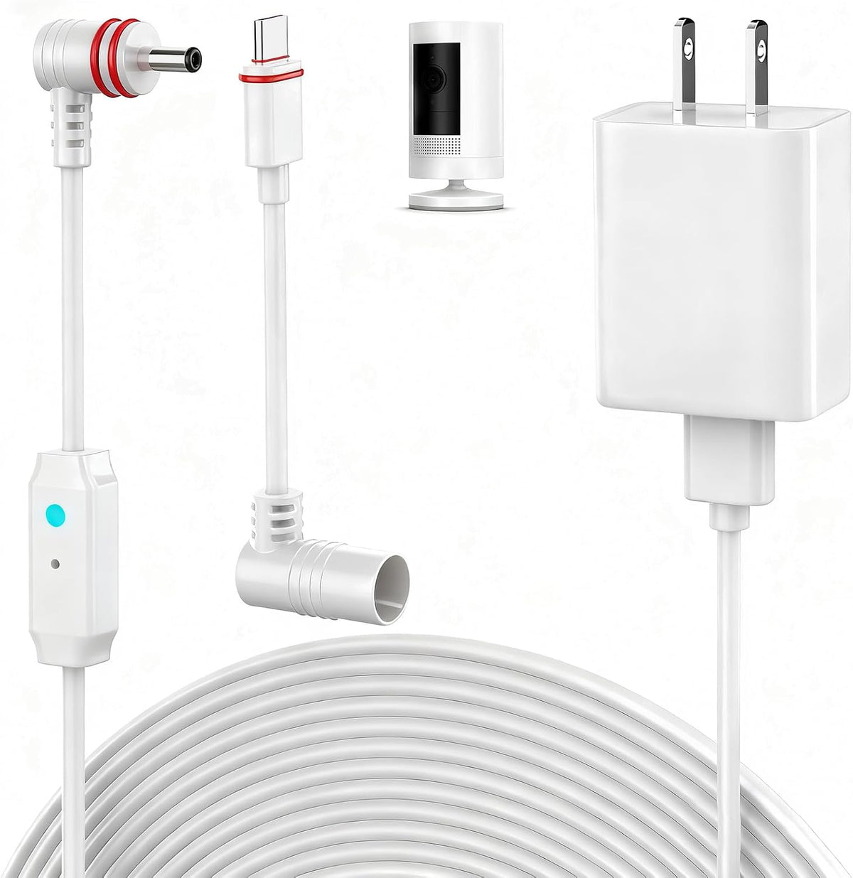 Nooukut weatherproof power cord for Ring camera front view showing dual connectors