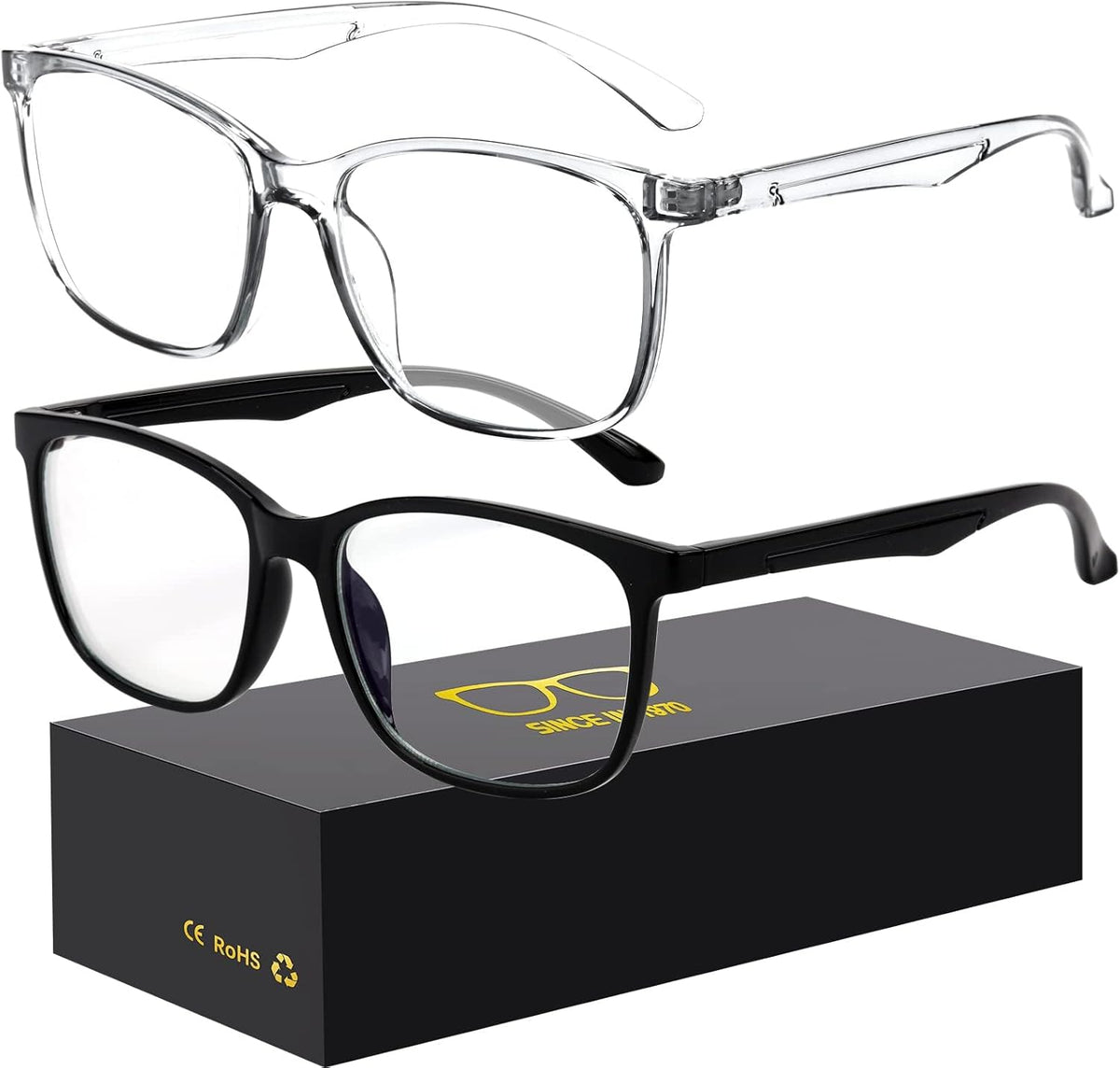 Oilway blue light blocking glasses front view showing the black and transparent square frame design.