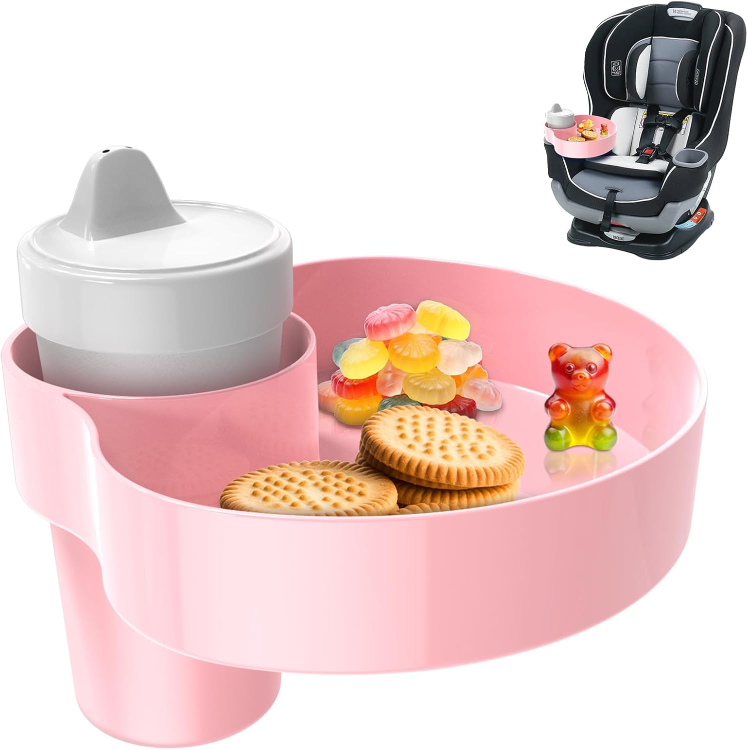 DOKNAAM kids car seat cup holder snack tray front view pink travel accessory for road trips