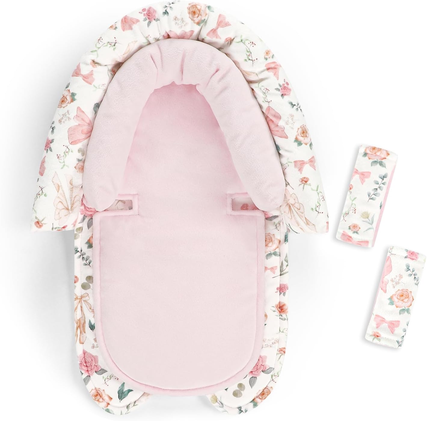 GFU Baby Car Seat Head Support cushion front view in pink floral pattern.