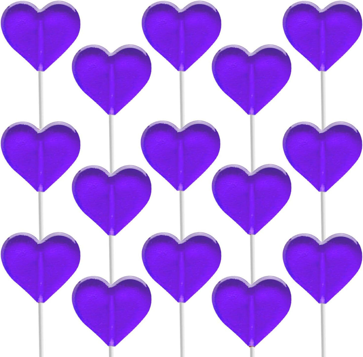 Fruidles grape heart lollipops front view of the packaging bag showing purple candy treats.