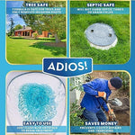 Close up of Adios root killer packaging for drain protection