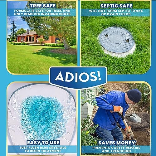 Close up of Adios root killer packaging for drain protection
