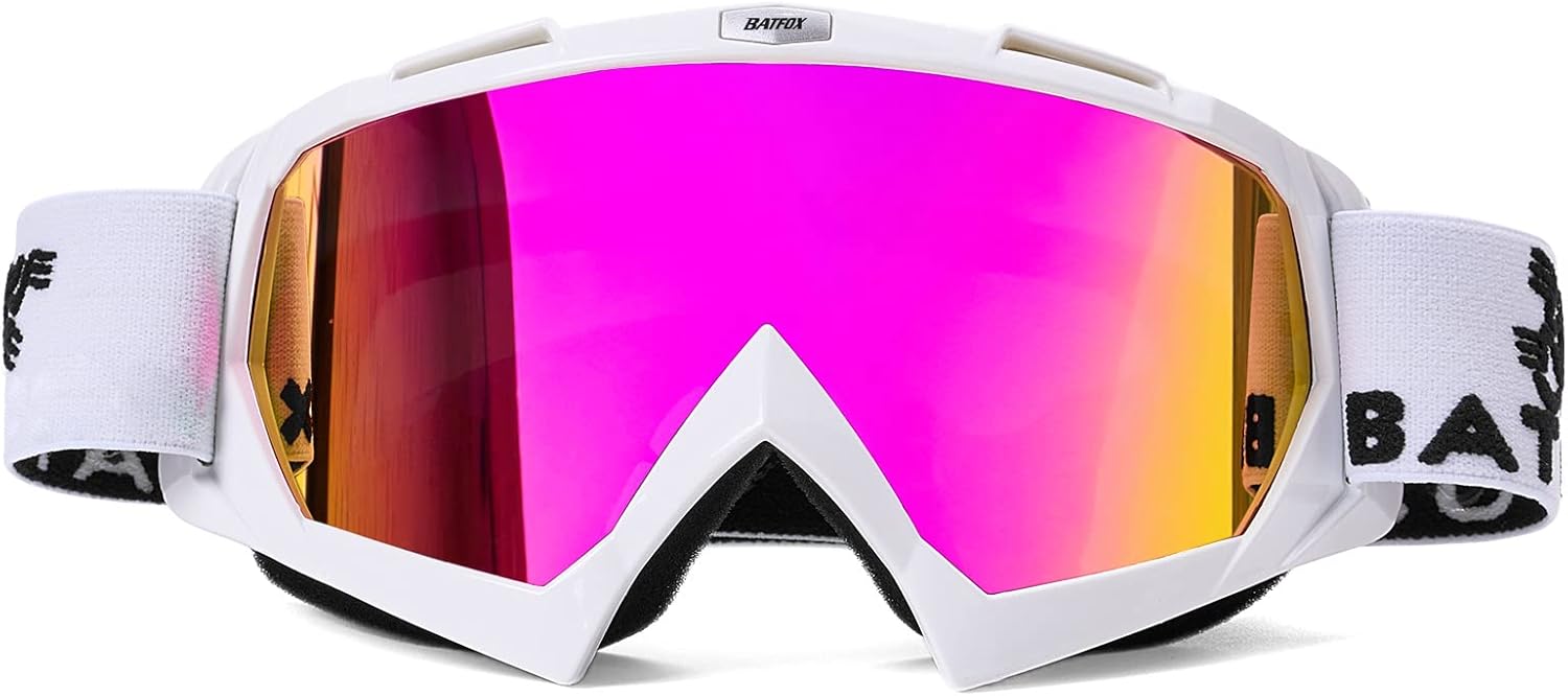 Batfox Dirt Bike ATV goggles front view with white frame and purple lens