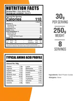 BulkSupplements lactose free beef protein powder pack showcasing clean unflavored ingredients list.