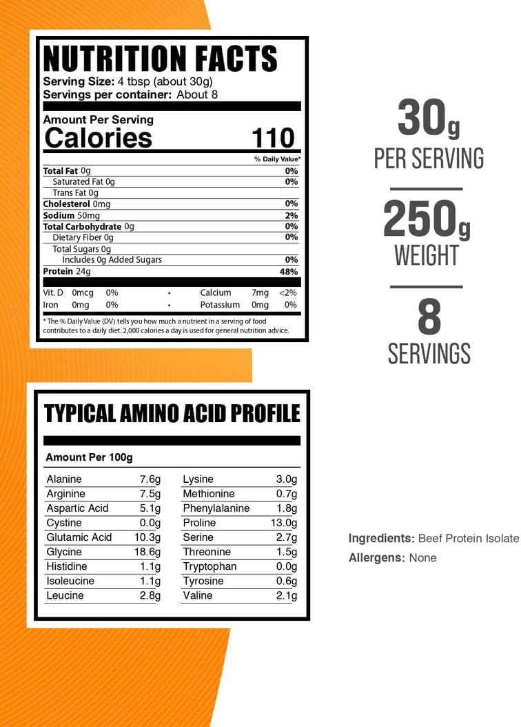 BulkSupplements lactose free beef protein powder pack showcasing clean unflavored ingredients list.