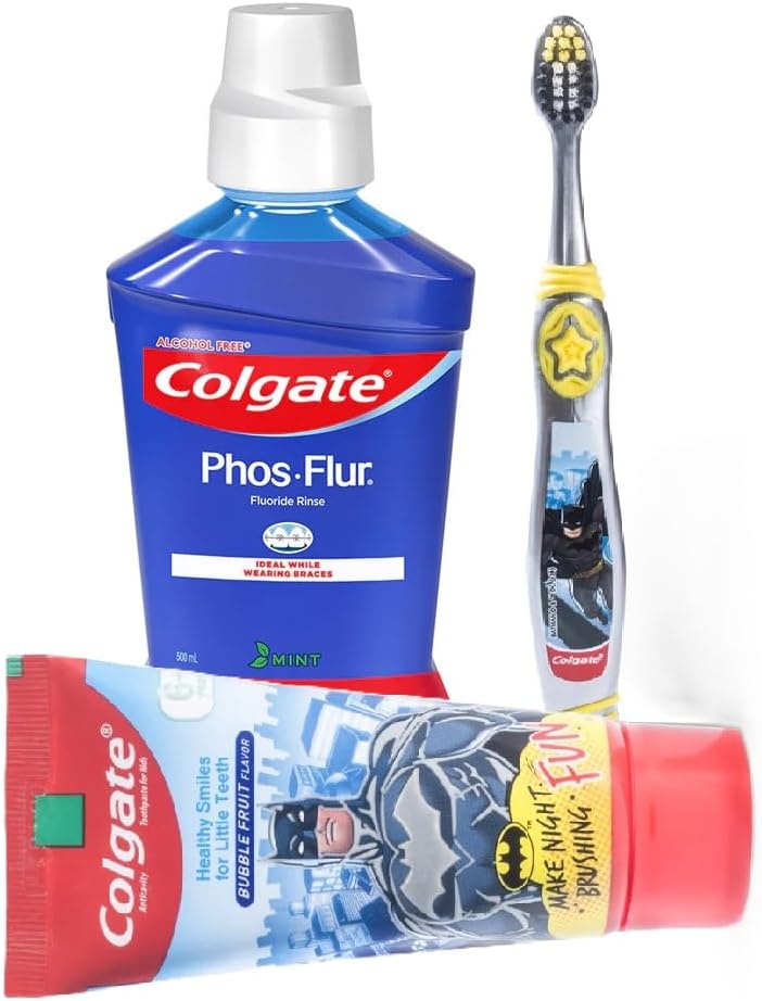 Colgate Kids Complete Dental Care Batman Anticavity Toothpaste 80g and PhosFlur Mint MouthWash 500ml with BatmanToothbrush Extra Soft with Tongue Cleaner for Children Above 6 Years - Image 1