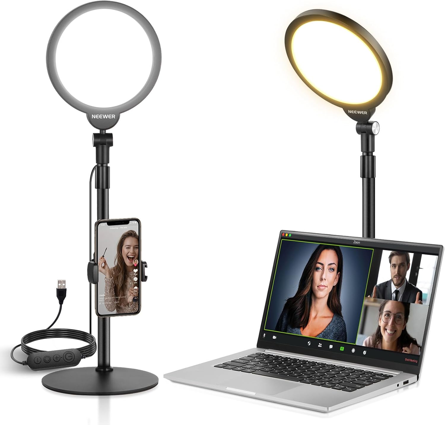 NEEWER Basics 7 inch desk ring light front view showing illuminated full screen LED panel and phone holder
