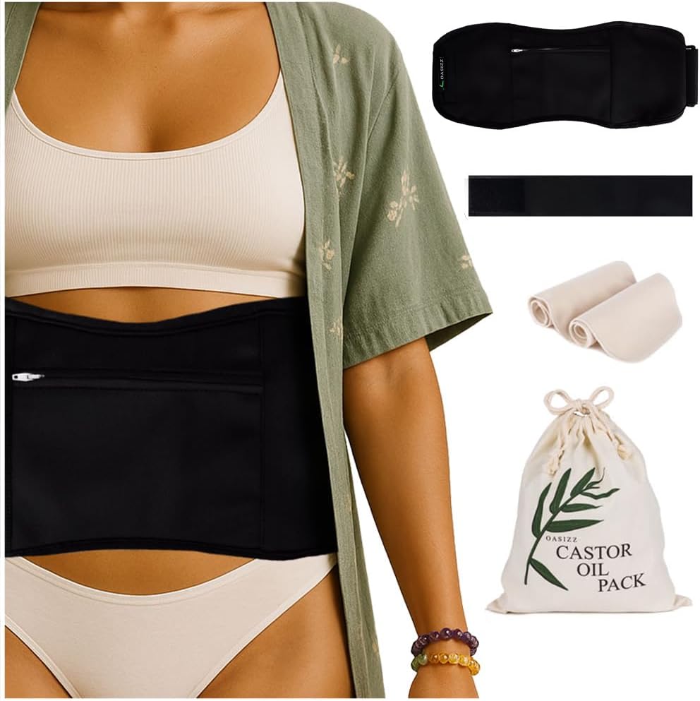 OASIZZ Premium Reusable Castor Oil Pack Wrap for Stomach (5-Piece, 30-60", Black) - Plush 100% Double-Brushed Cotton Flannel Interior Layers, Dark Fabric Hides Stains, Leak-Resistant Adjustable Design - Image 1