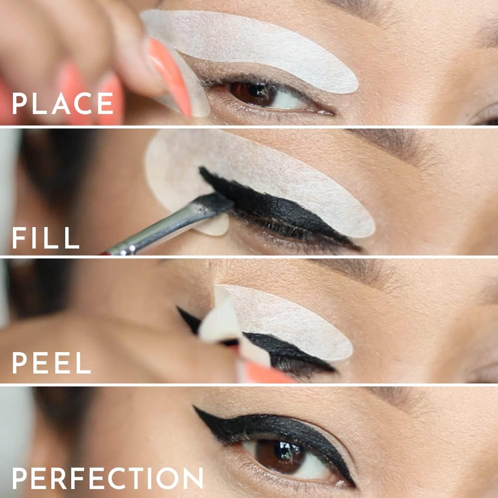 Eye makeup application using cat eye stencil guides