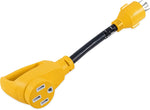 Camco generator adapter front view showing the 4-prong L14-30 male plug and yellow dogbone design.