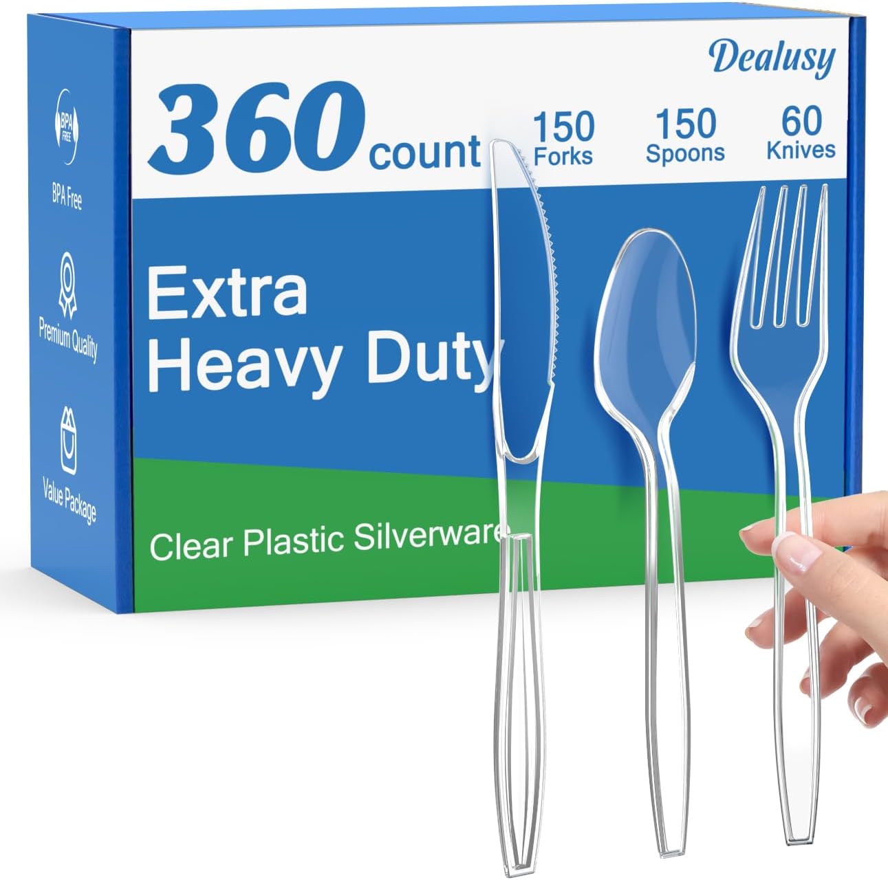 Dealusy heavy duty clear plastic silverware 360 count premium bulk packaging front view