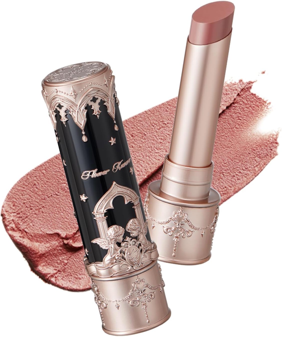 Flower Knows Little Angel Matte Lipstick front view showing the intricate Gothic baroque packaging case.