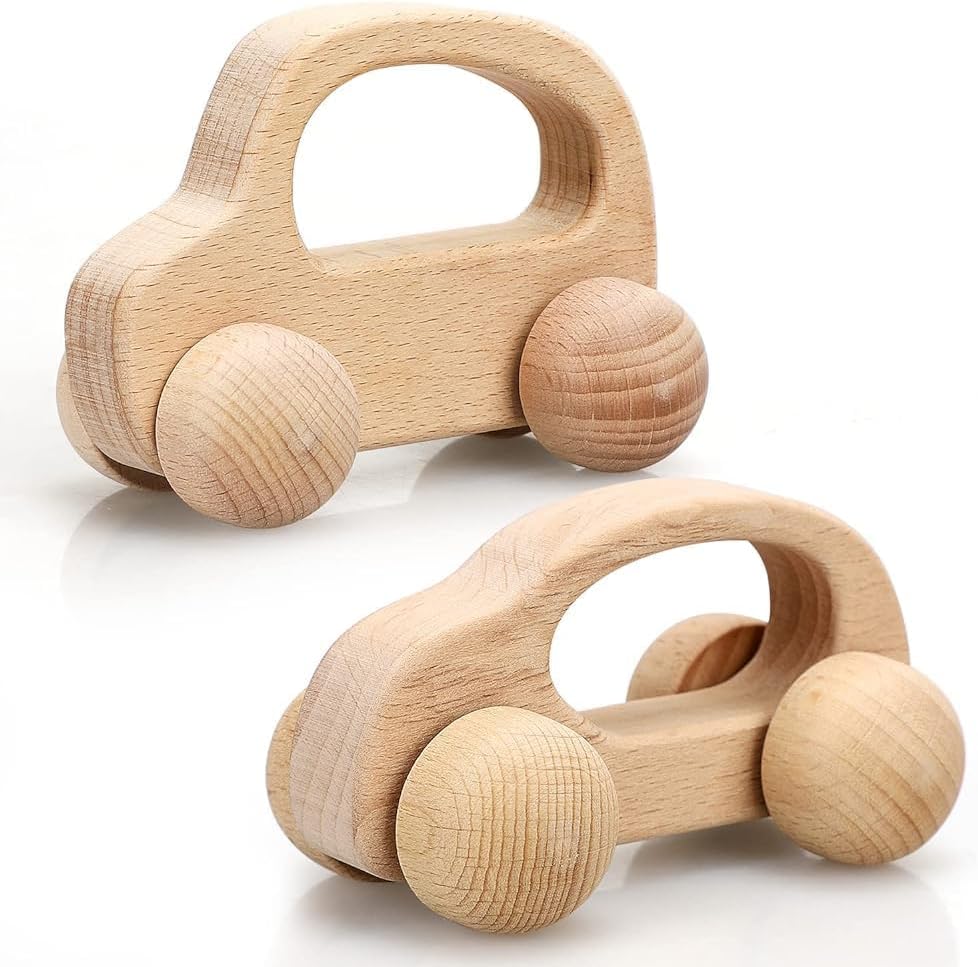 TOY Life Wooden Toys Cars front view of natural beech wood Montessori baby vehicles