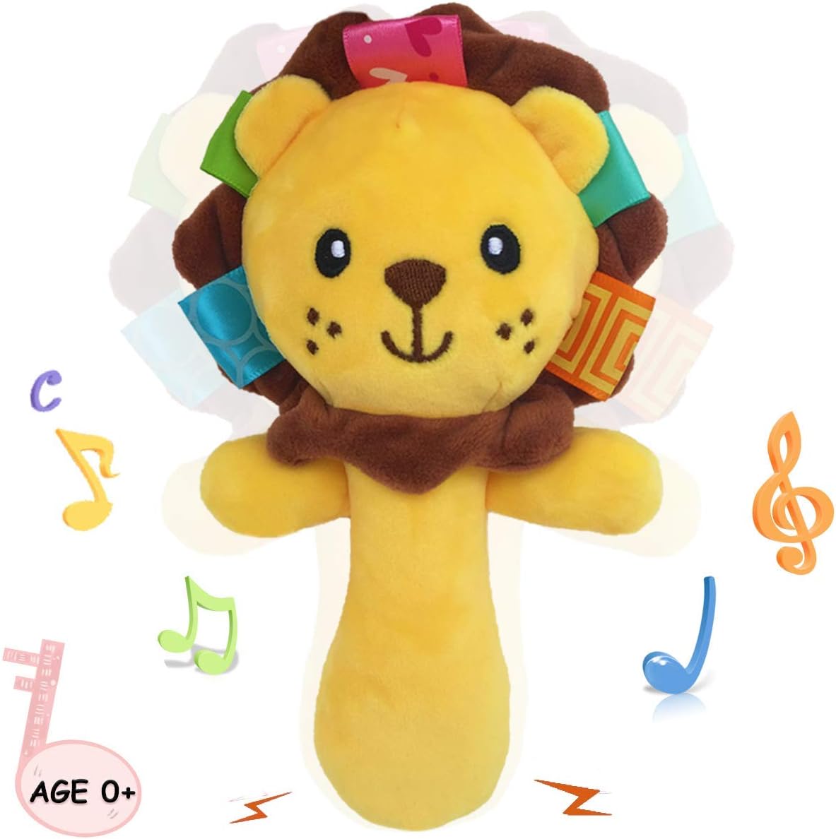 RIY soft baby rattle plush stuffed animal lion hand rattle front view showcasing smiling face.