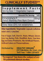 Side view of Healthy Origins Pycnogenol dietary supplement bottle highlighting the non-GMO and soy free certification labels